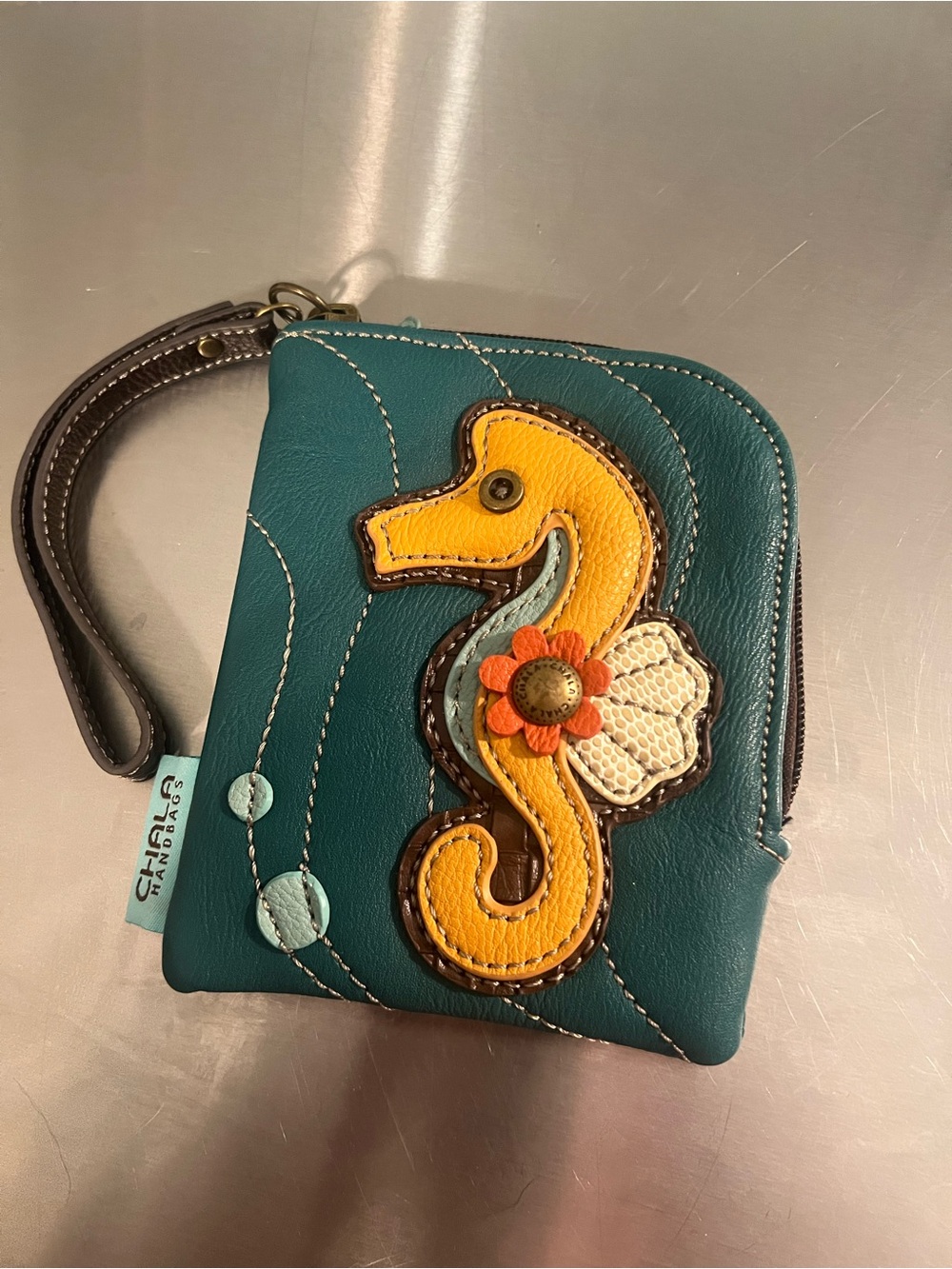 Chala Teal Wristlet Clutch with Yellow Seahorse Applique